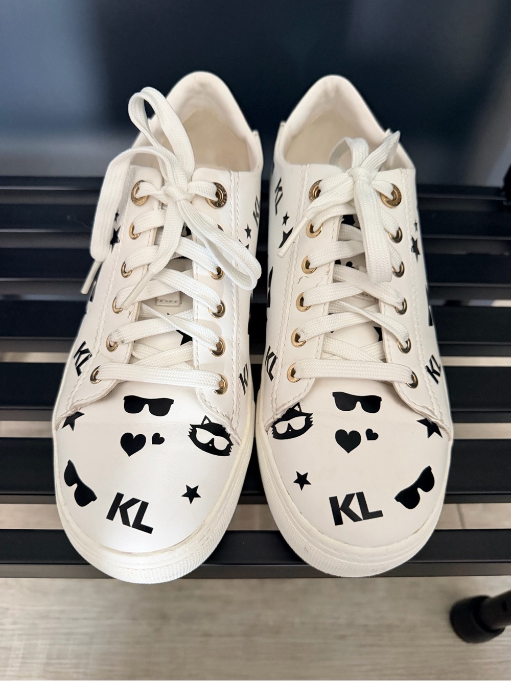 Karl Lagerfeld White Woman's Sneakers with Black Icon Prints